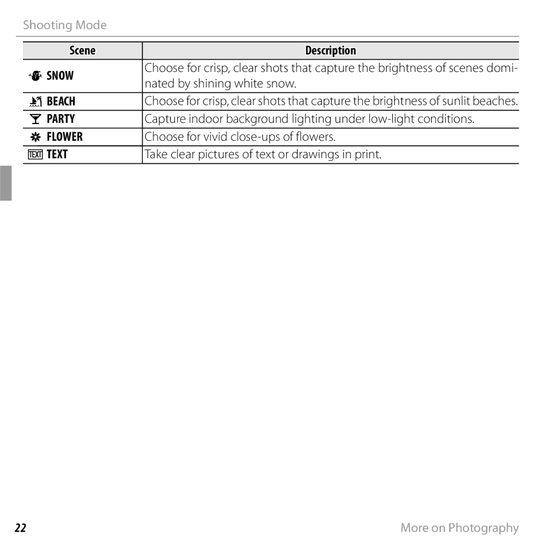 FujiFilm JX290 - JX295, JX330 - JX335, JX370 - JX390, JX420 - JX440 owner manual Snow, Beach, Party, Flower, Wtext 