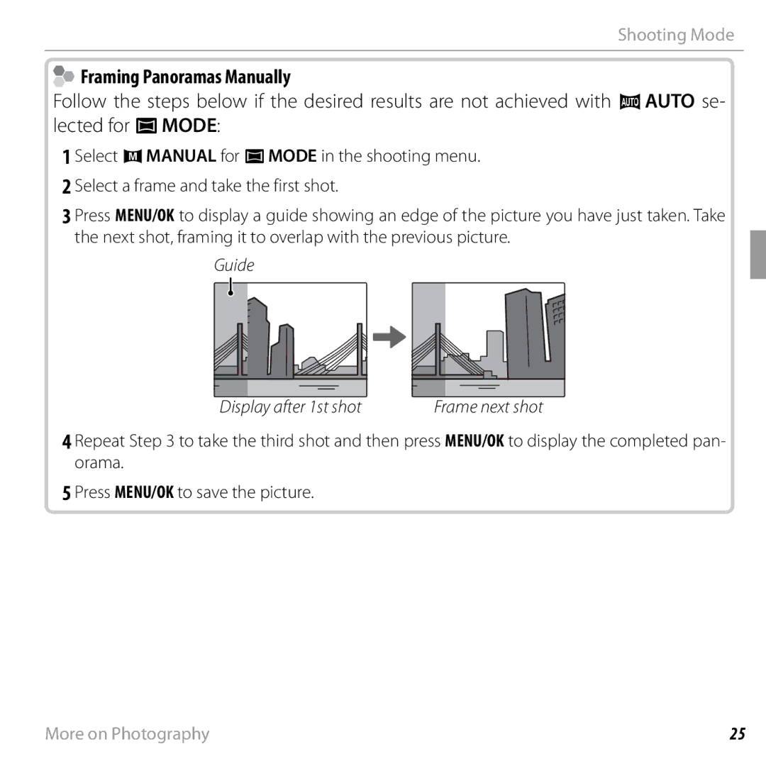 FujiFilm JX420 - JX440, JX290 - JX295, JX330 - JX335, JX370 - JX390 owner manual Framing Panoramas Manually, Guide 