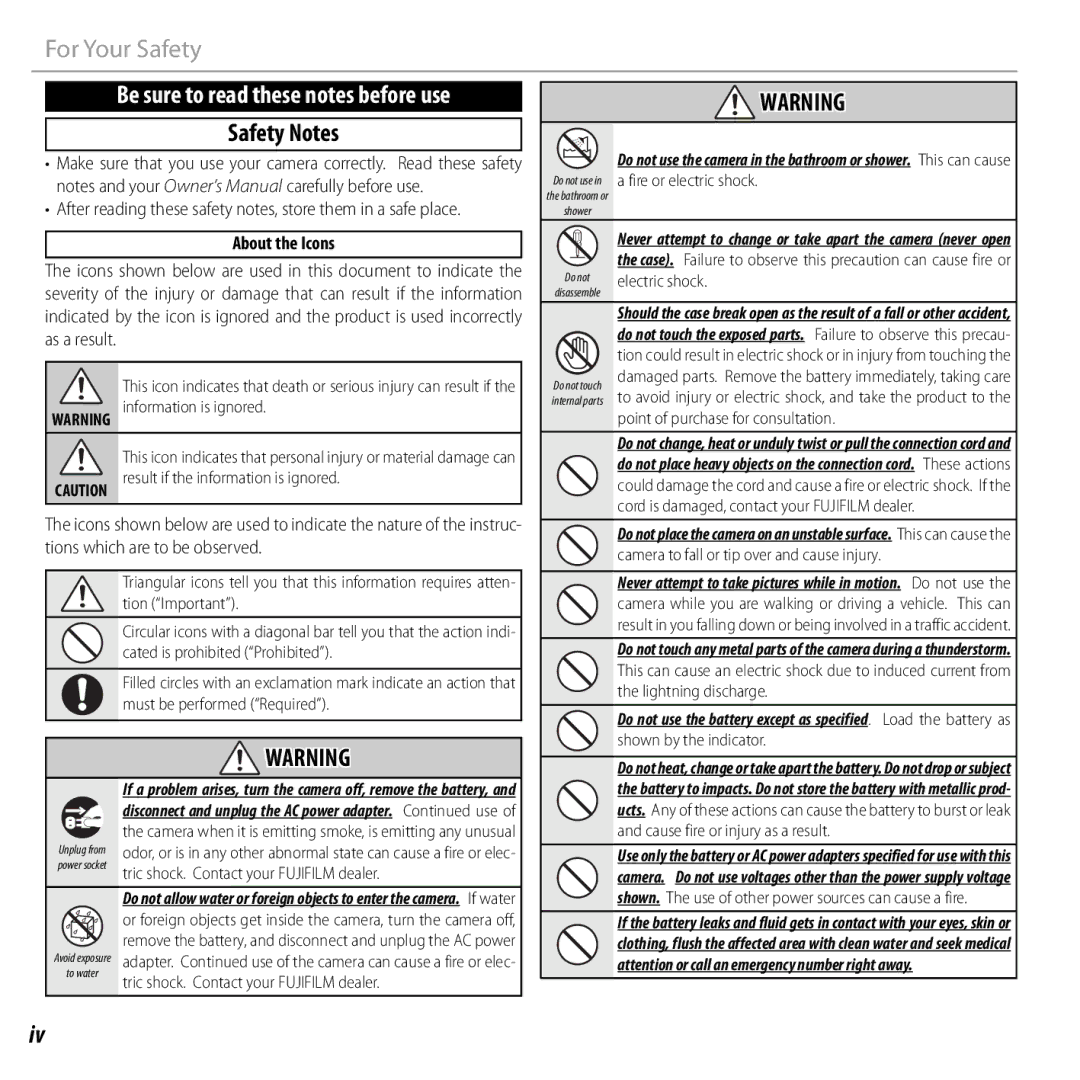 FujiFilm JX290 - JX295, JX330 - JX335, JX370 - JX390, JX420 - JX440 owner manual Safety Notes, About the Icons 