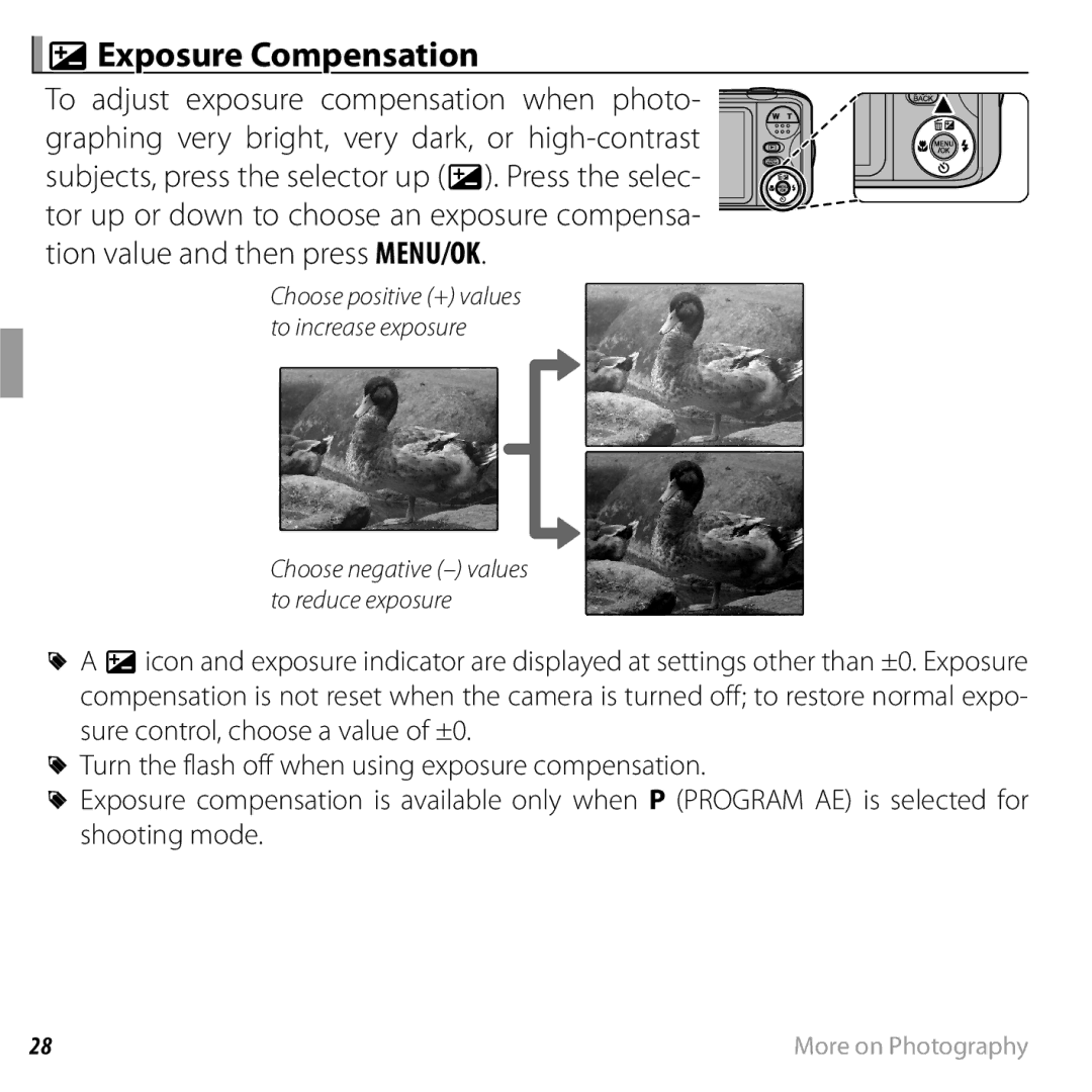 FujiFilm JX370 - JX390, JX290 - JX295, JX330 - JX335, JX420 - JX440 owner manual DExposure Compensation 