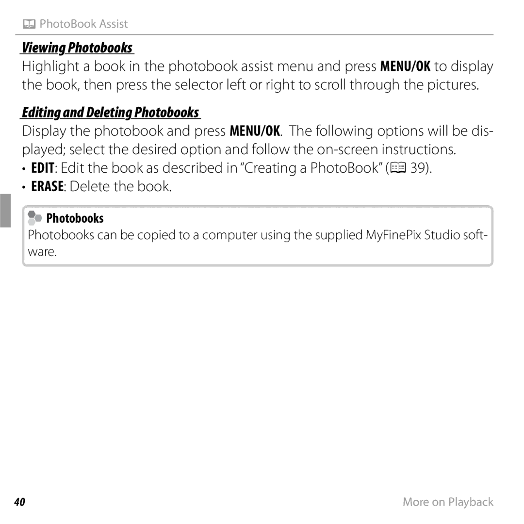 FujiFilm JX370 - JX390, JX290 - JX295, JX330 - JX335, JX420 - JX440 Viewing Photobooks, Editing and Deleting Photobooks 