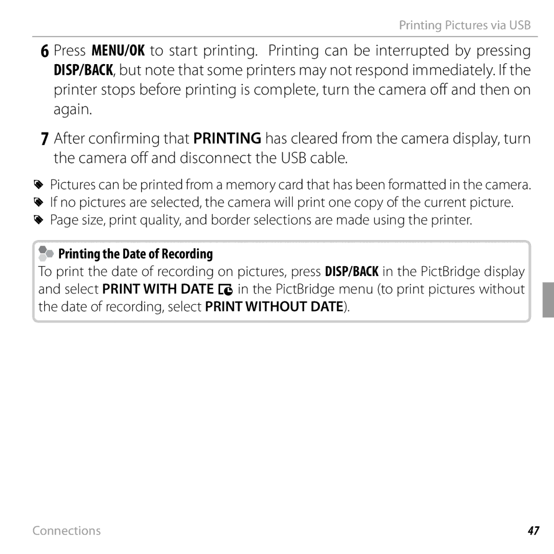 FujiFilm JX330 - JX335, JX290 - JX295, JX370 - JX390, JX420 - JX440 owner manual Printing the Date of Recording 