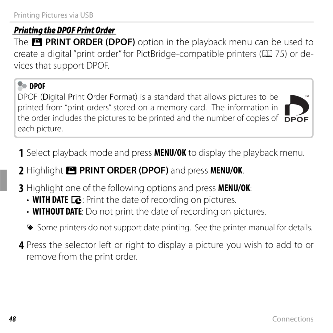 FujiFilm JX370 - JX390, JX290 - JX295 Printing the Dpof Print Order, Highlight Kprint Order Dpof and press MENU/OK 