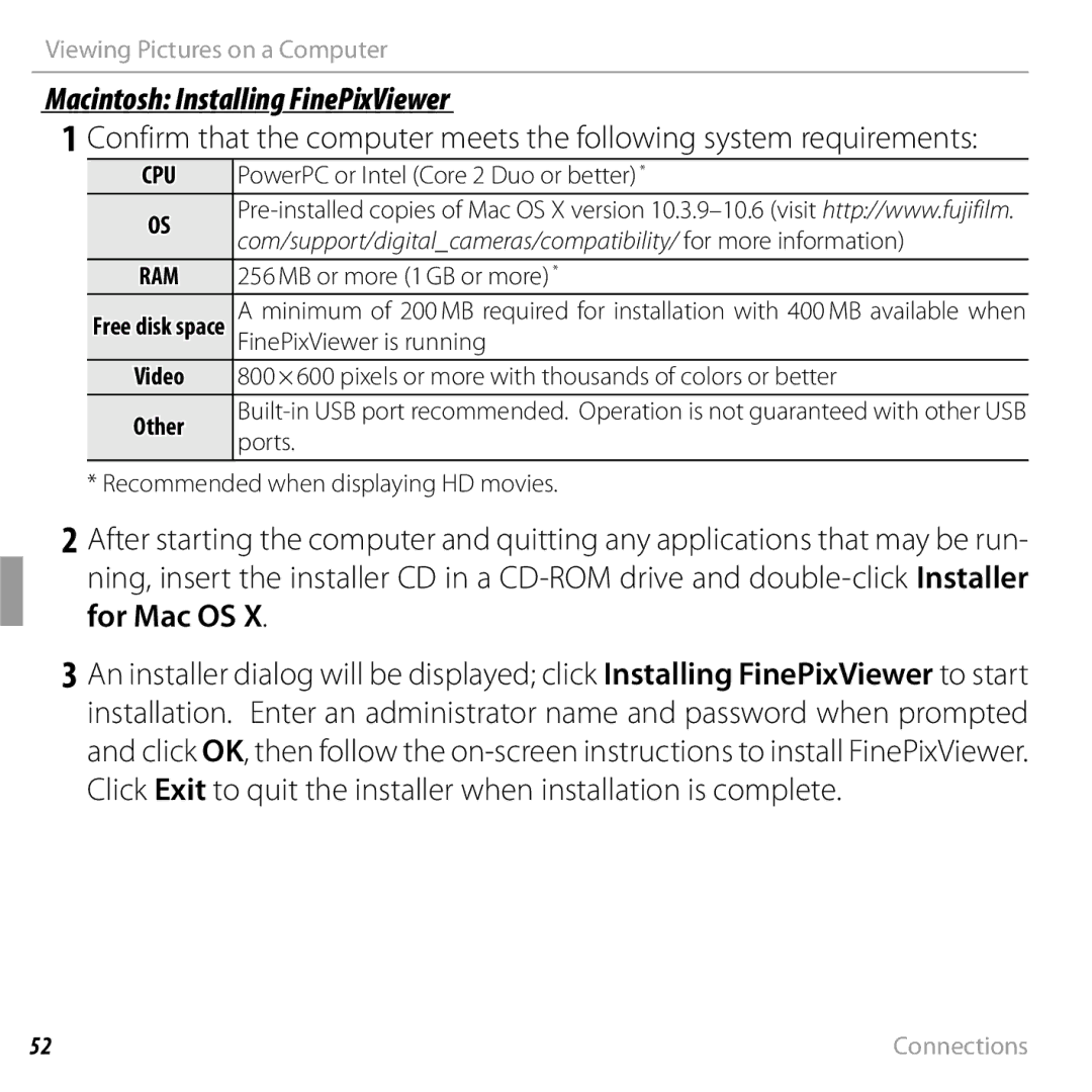 FujiFilm JX370 - JX390, JX290 - JX295, JX330 - JX335, JX420 - JX440 owner manual Macintosh Installing FinePixViewer, Cpu 