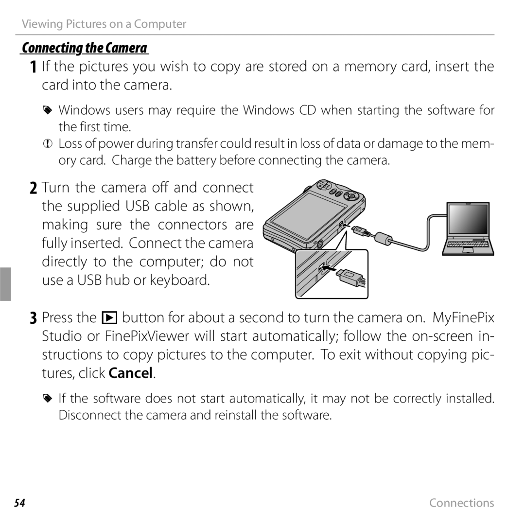 FujiFilm JX290 - JX295, JX330 - JX335, JX370 - JX390, JX420 - JX440 owner manual Connecting the Camera 