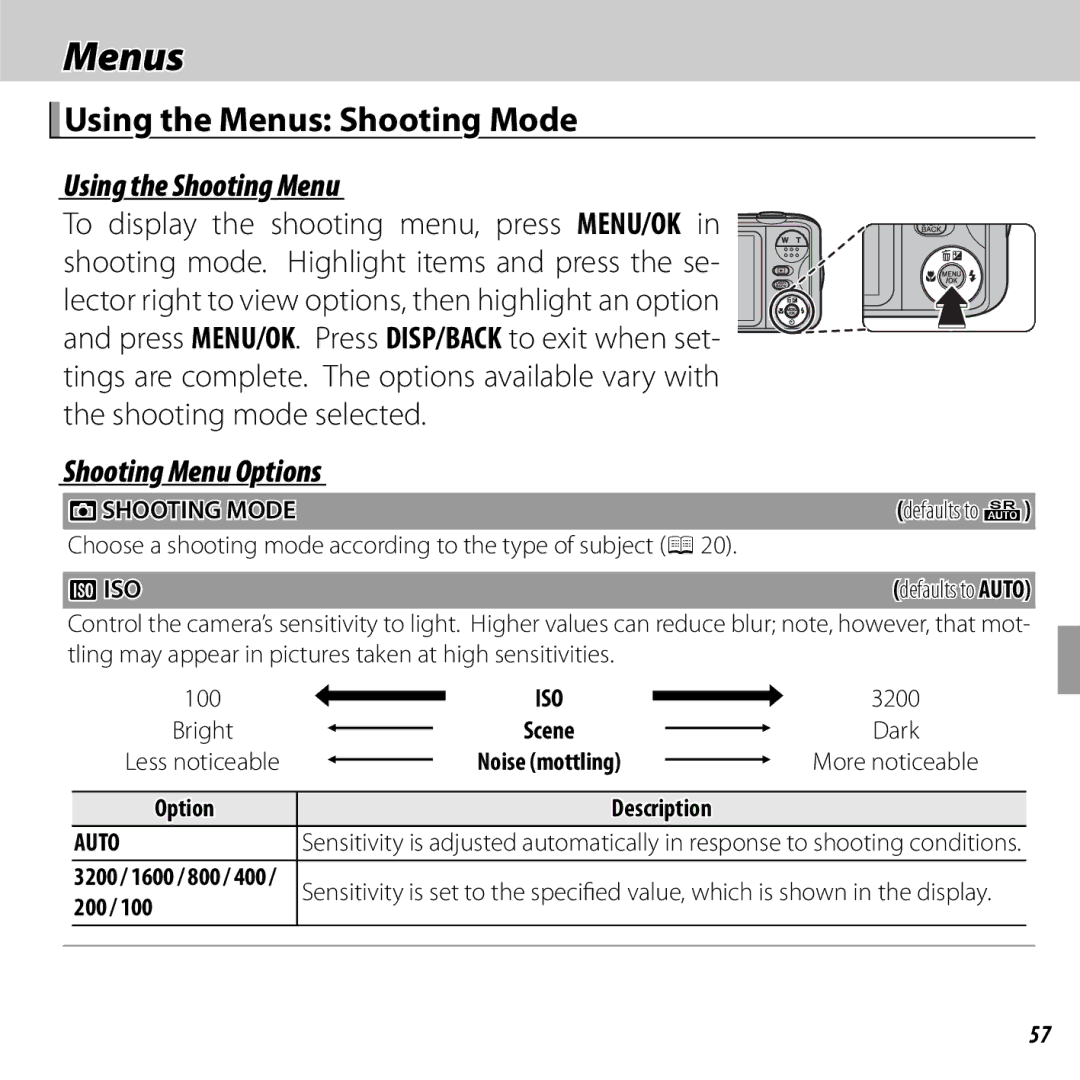 FujiFilm JX420 - JX440, JX290 - JX295 Using the Menus Shooting Mode, Using the Shooting Menu, Shooting Menu Options 