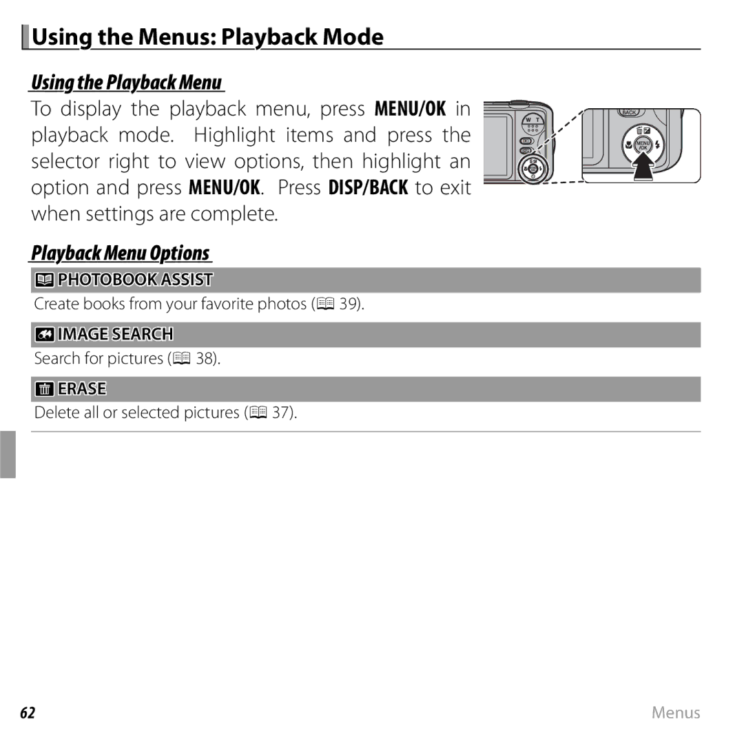 FujiFilm JX290 - JX295, JX330 - JX335 Using the Menus Playback Mode, Using the Playback Menu, Playback Menu Options, Erase 