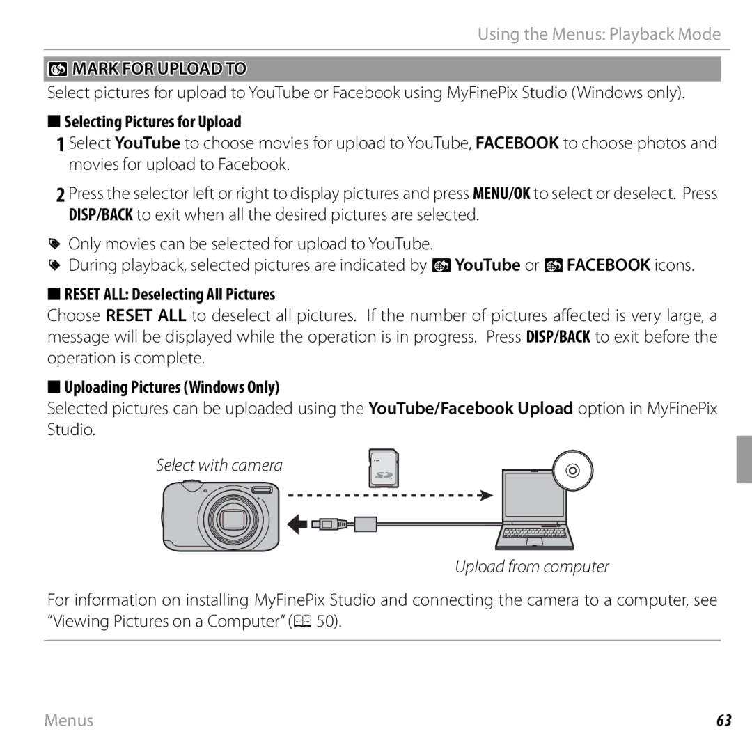 FujiFilm JX330 - JX335 owner manual JMARK for Upload to, Selecting Pictures for Upload, Reset ALL Deselecting All Pictures 