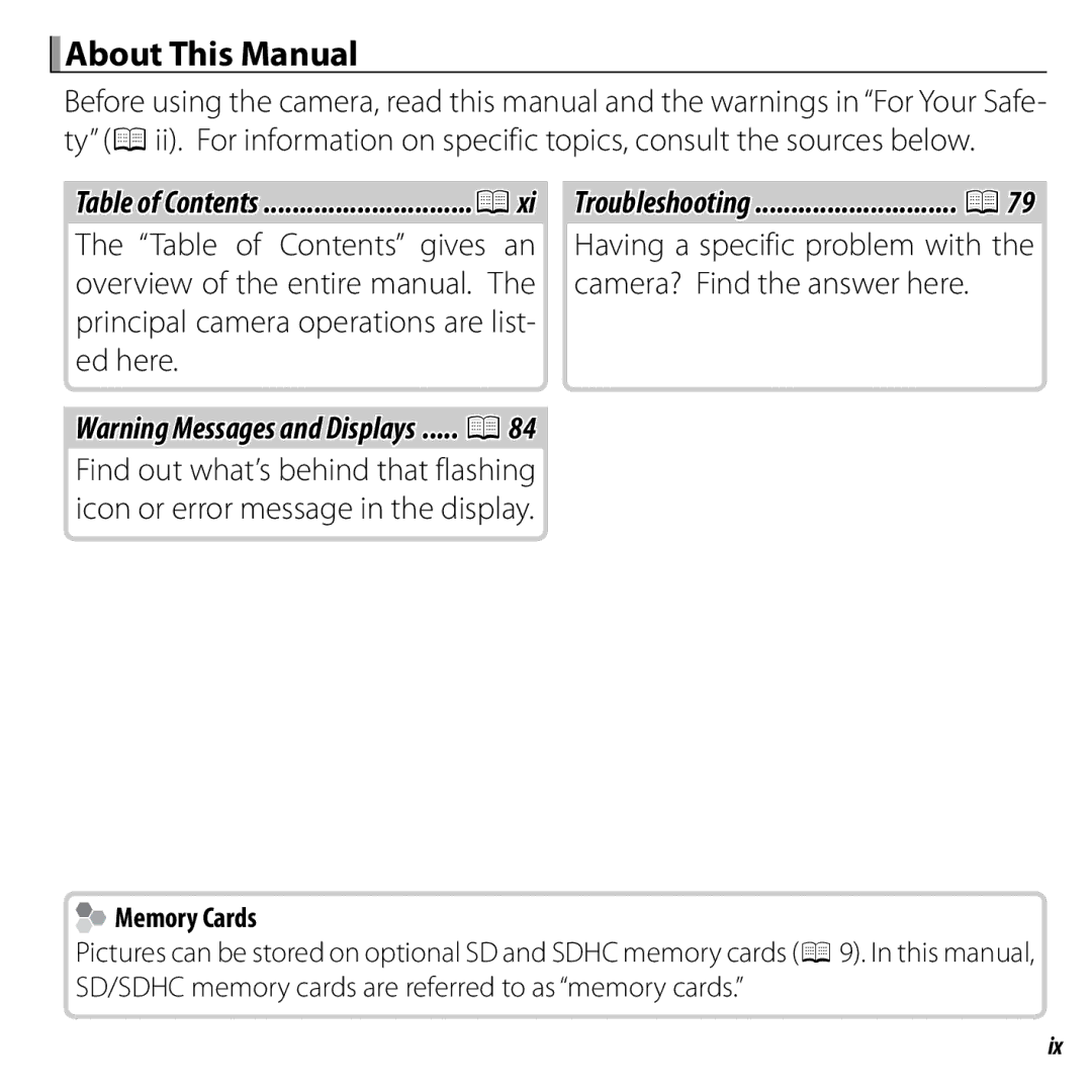 FujiFilm JX330 - JX335, JX290 - JX295, JX370 - JX390, JX420 - JX440 owner manual About This Manual, P84, P79, Memory Cards 