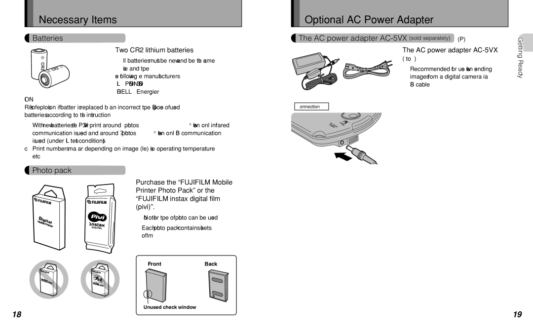 FujiFilm MP-300 owner manual Necessary Items, Optional AC Power Adapter, Batteries, Photo pack 