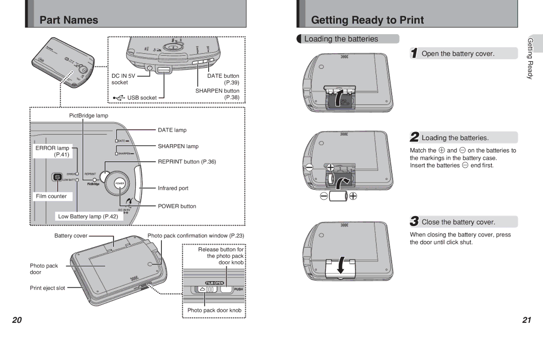 FujiFilm MP-300 owner manual Part Names, Getting Ready to Print, Open the battery cover Loading the batteries 