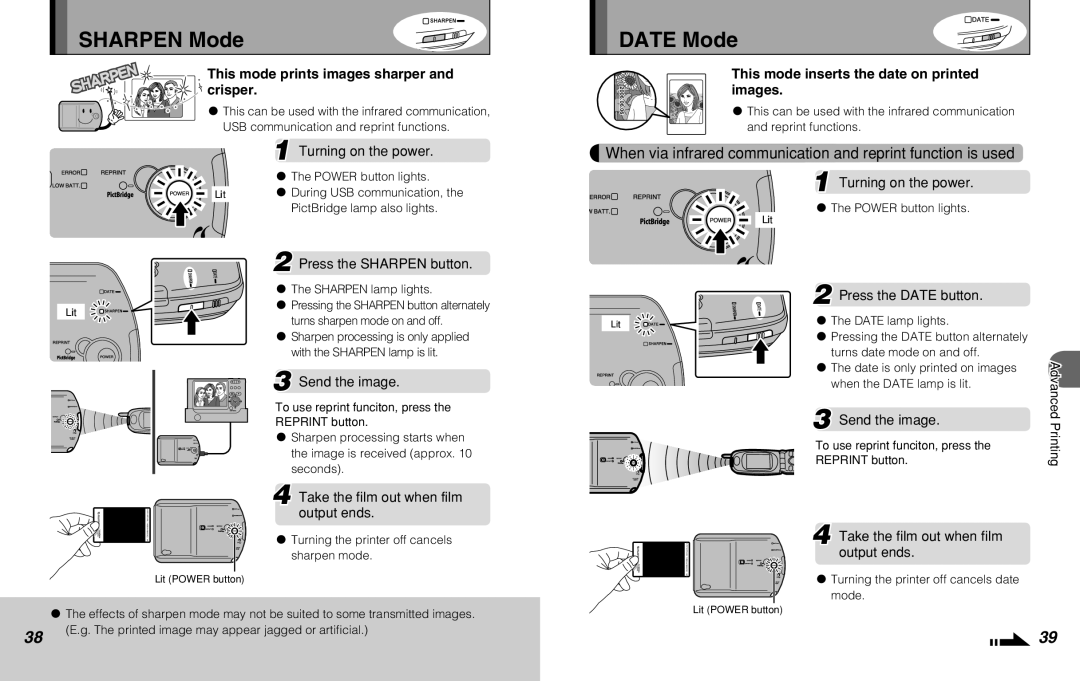 FujiFilm MP-300 owner manual Sharpen Mode Date Mode, Press the Sharpen button, Press the Date button 