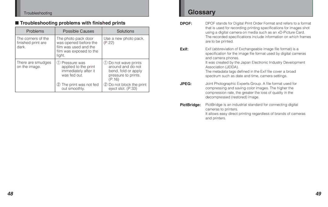 FujiFilm MP-300 owner manual Glossary, Troubleshooting problems with finished prints 