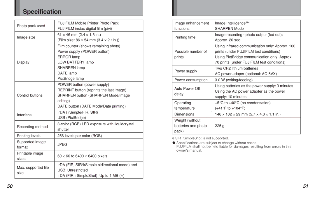 FujiFilm MP-300 owner manual Speciﬁcation, Jpeg 