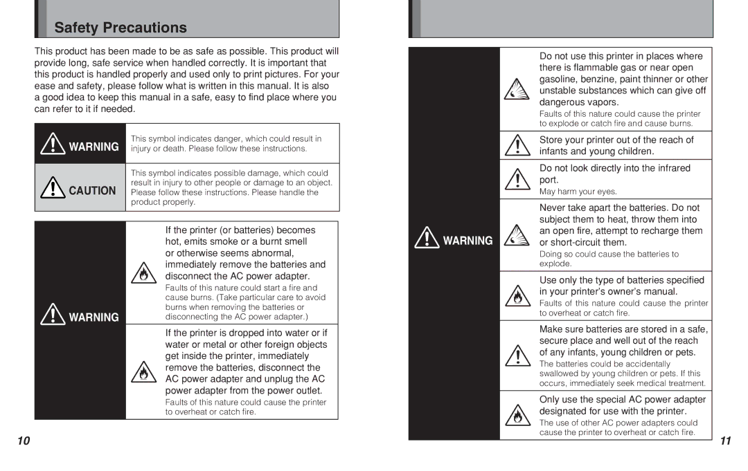 FujiFilm MP-300 owner manual Safety Precautions, Unstable substances which can give off dangerous vapors 