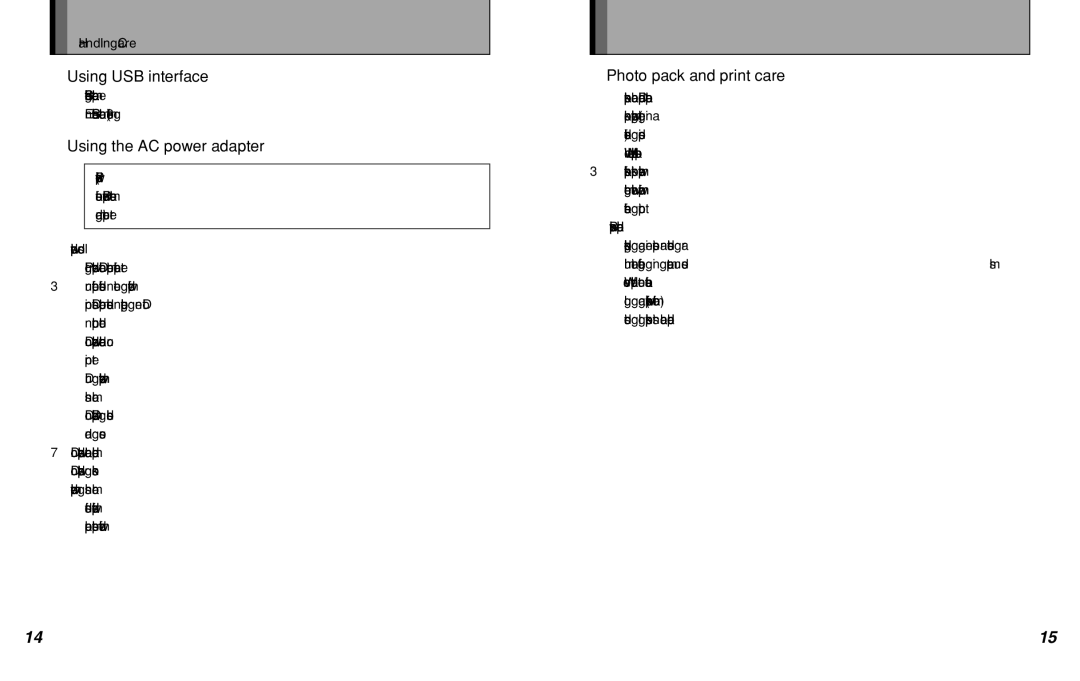 FujiFilm MP-300 owner manual Using USB interface, Using the AC power adapter, Photo pack and print care, Handling & Care 