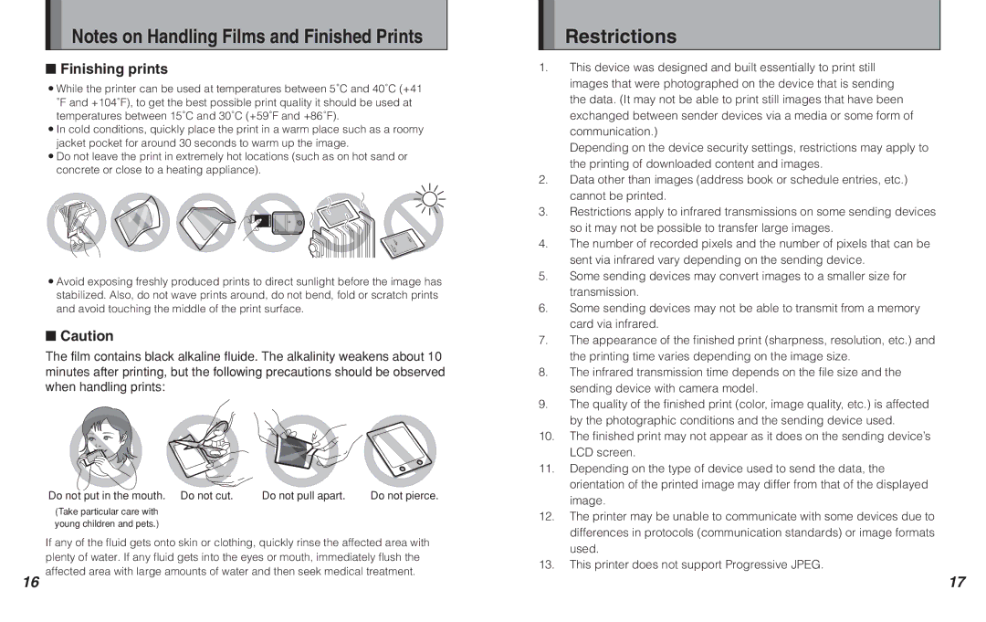 FujiFilm MP-300 owner manual Restrictions, Finishing prints, Do not put in the mouth. Do not cut Do not pull apart 