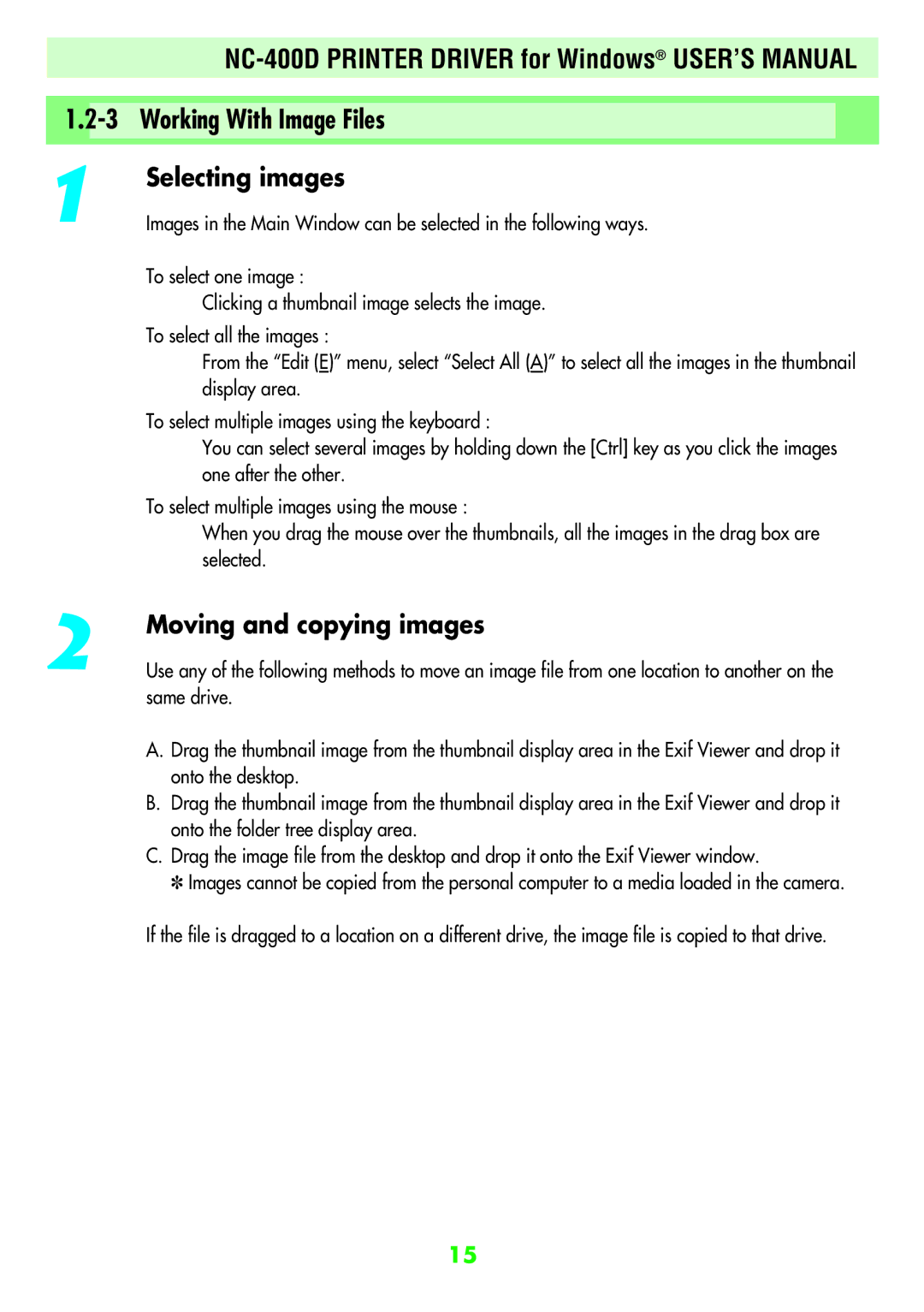 FujiFilm NC-400D user manual Selecting images, Moving and copying images 