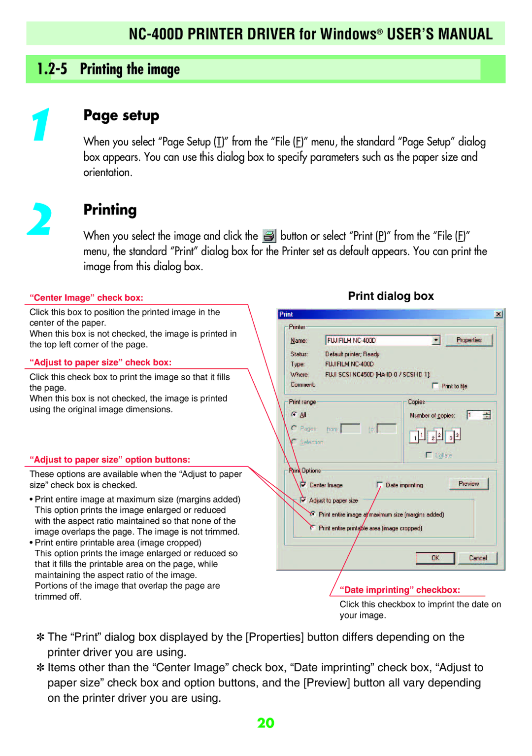 FujiFilm NC-400D user manual Setup, Printing, Print dialog box 