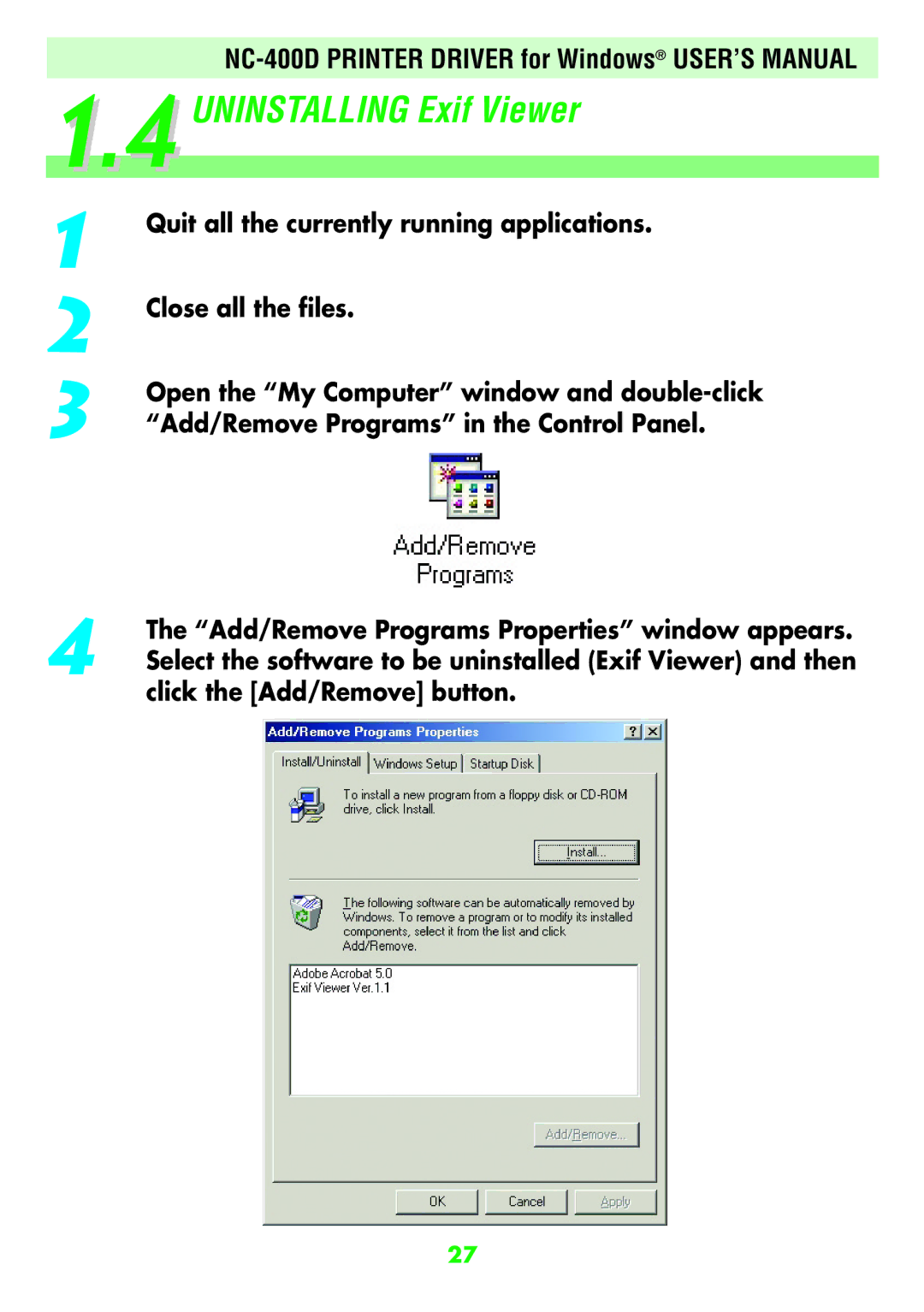 FujiFilm NC-400D user manual Uninstalling Exif Viewer 