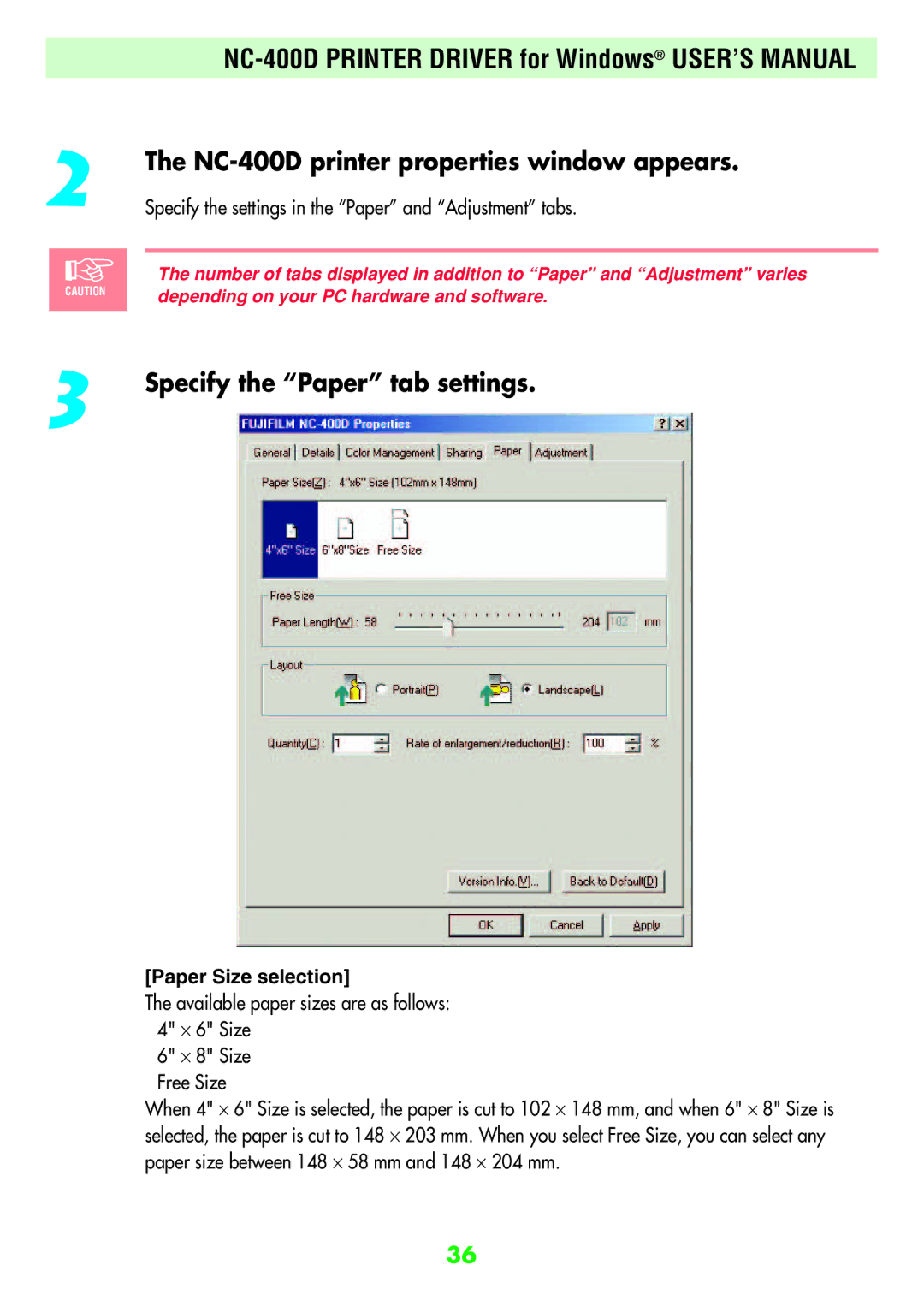 FujiFilm user manual NC-400D printer properties window appears, Specify the Paper tab settings, Paper Size selection 