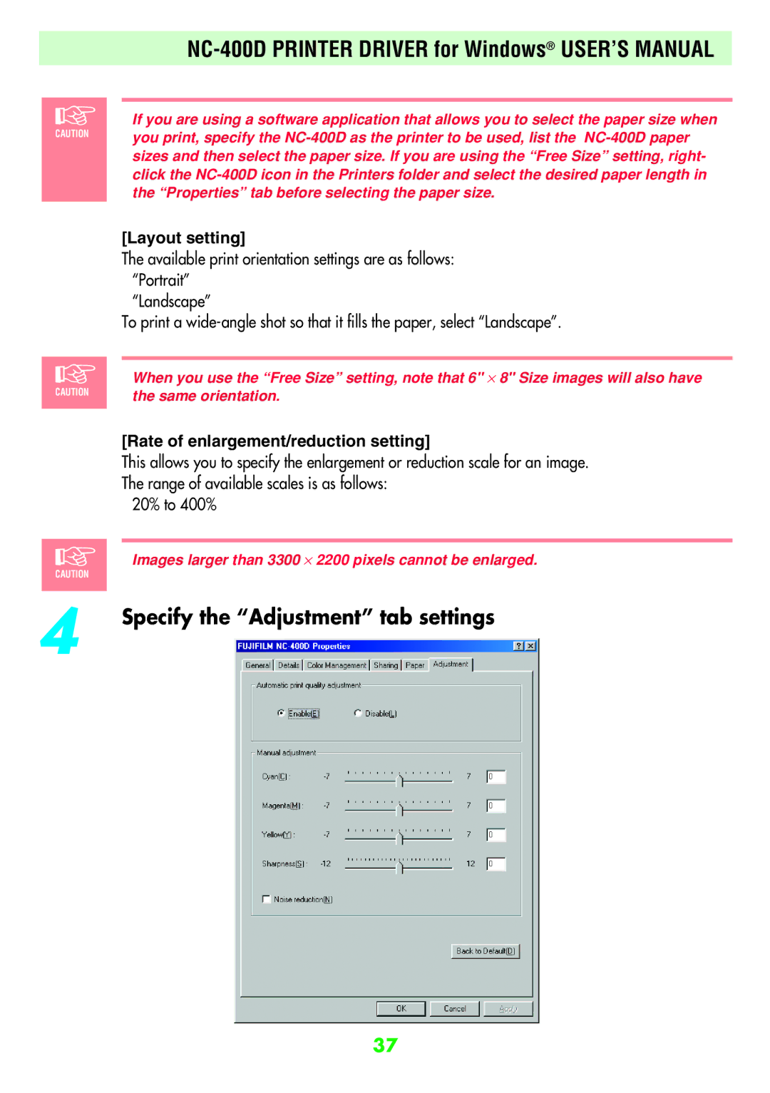 FujiFilm NC-400D user manual Specify the Adjustment tab settings, Layout setting, Rate of enlargement/reduction setting 