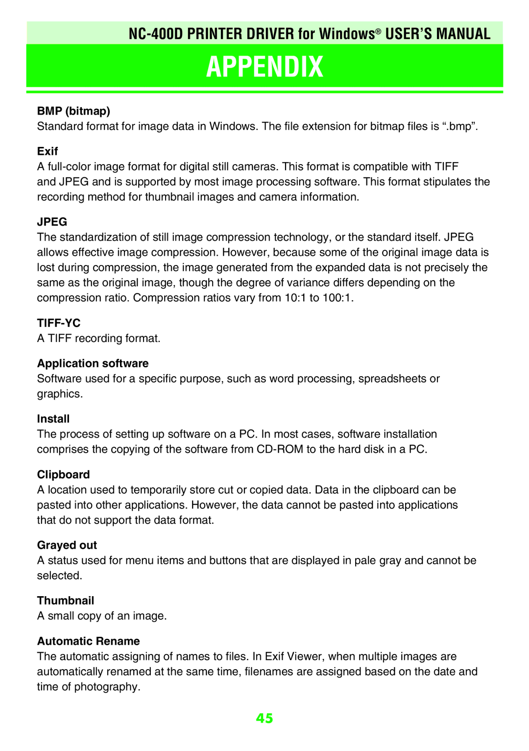 FujiFilm NC-400D BMP bitmap, Exif, Application software, Install, Clipboard, Grayed out, Thumbnail, Automatic Rename 