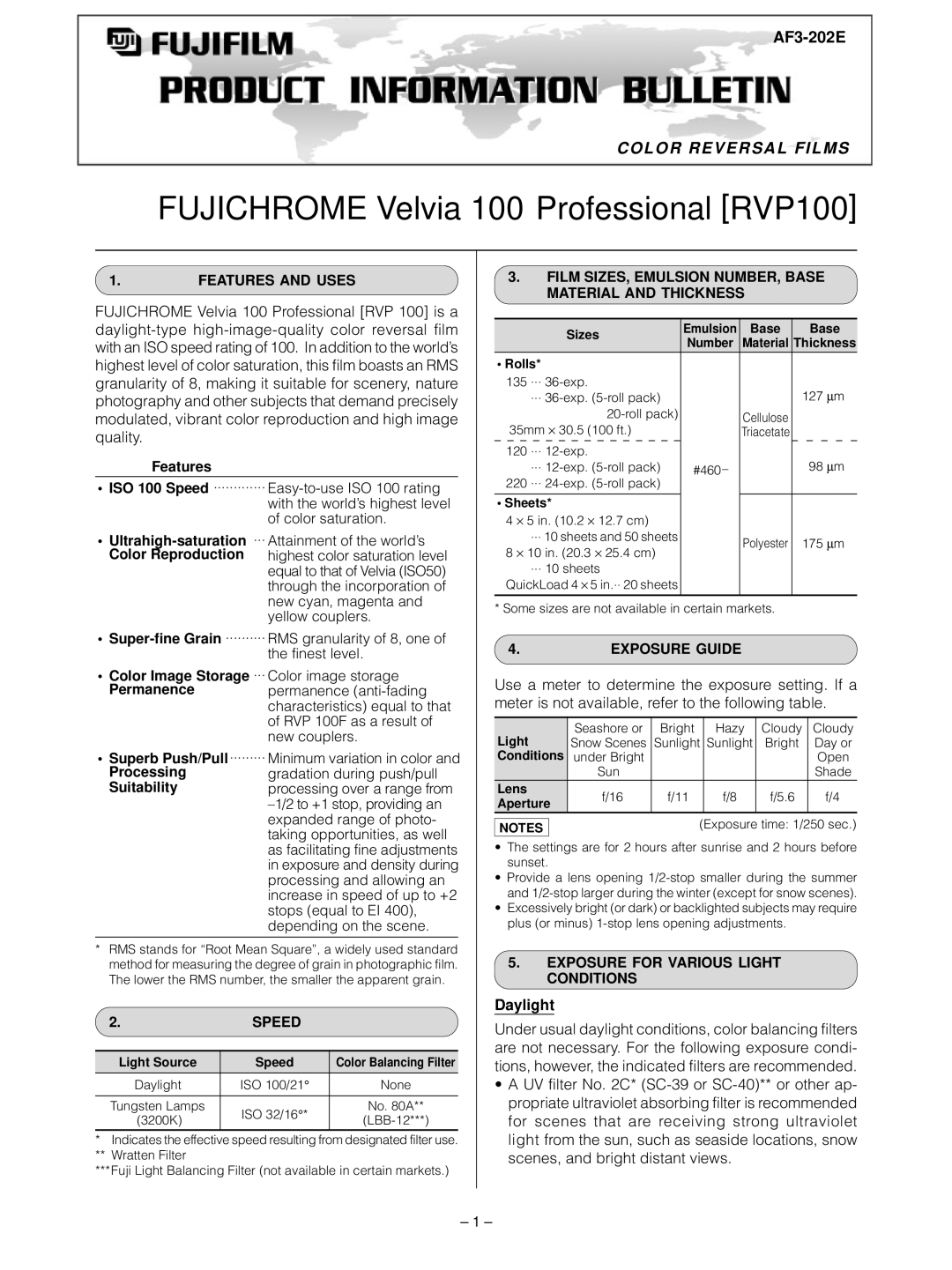 FujiFilm RVP100 manual AF3-202E, Daylight 