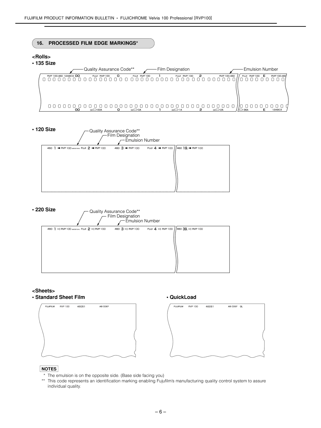 FujiFilm RVP100 manual Rolls Size Sheets Standard Sheet Film, Processed Film Edge Markings, QuickLoad 