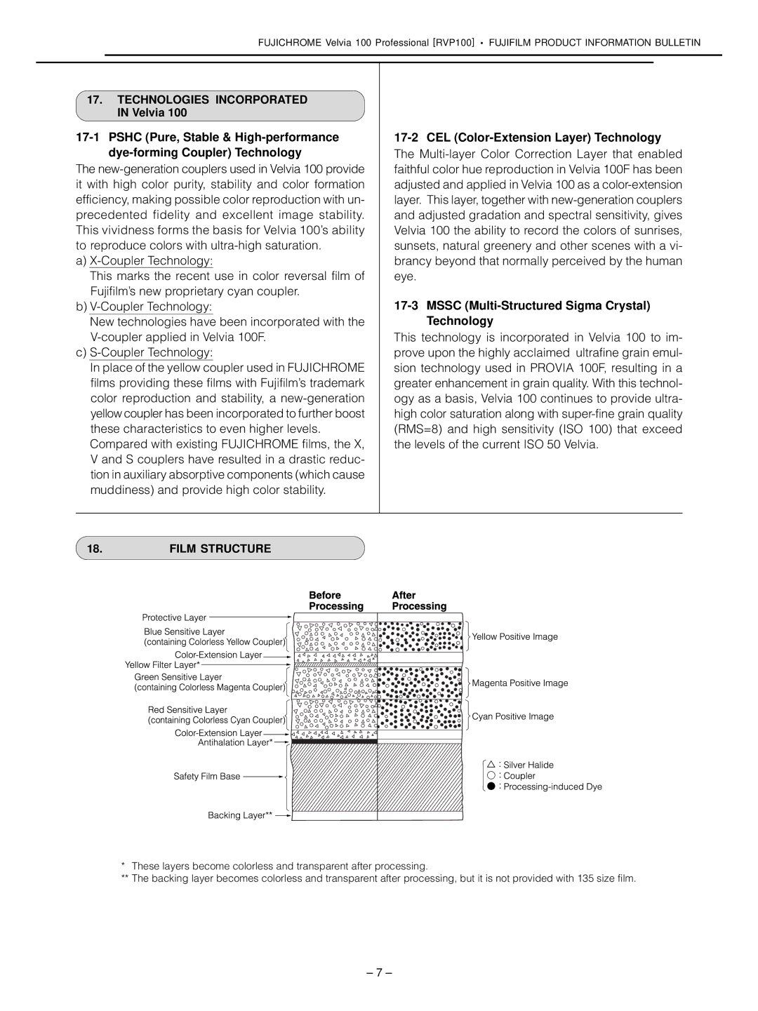 FujiFilm RVP100 manual CEL Color-Extension Layer Technology, Mssc Multi-Structured Sigma Crystal Technology, Film Structure 