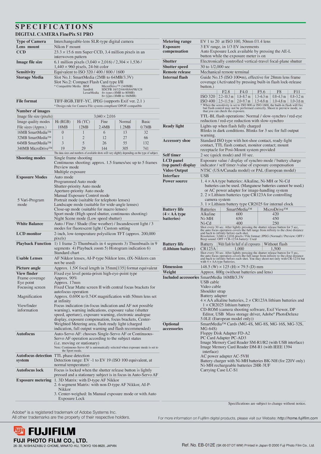 FujiFilm S1 manual Specification S 