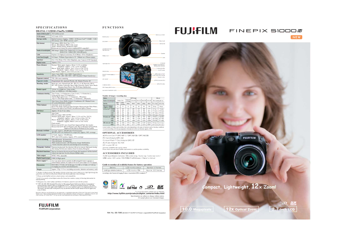 FujiFilm S1000 specifications Compact, Lightweight, 12x Zoom 