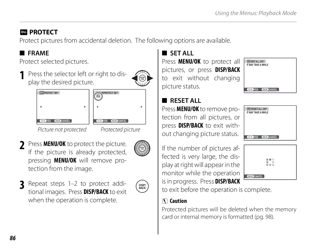 FujiFilm S2700HD, S1800, S1900, S1600, S1700, S2500HD owner manual Protect, Frame, Set All 