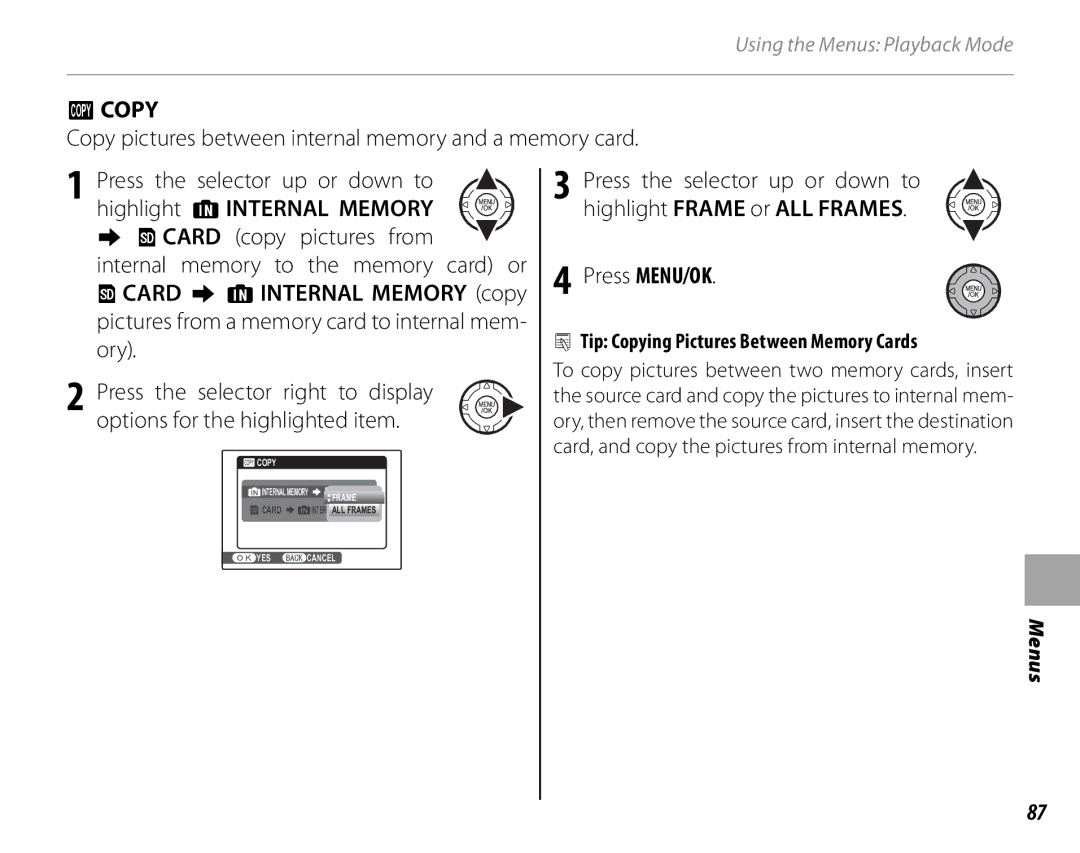 FujiFilm S2500HD, S1800, S1900, S1600, S1700, S2700HD owner manual Press MENU/OK, Tip Copying Pictures Between Memory Cards 