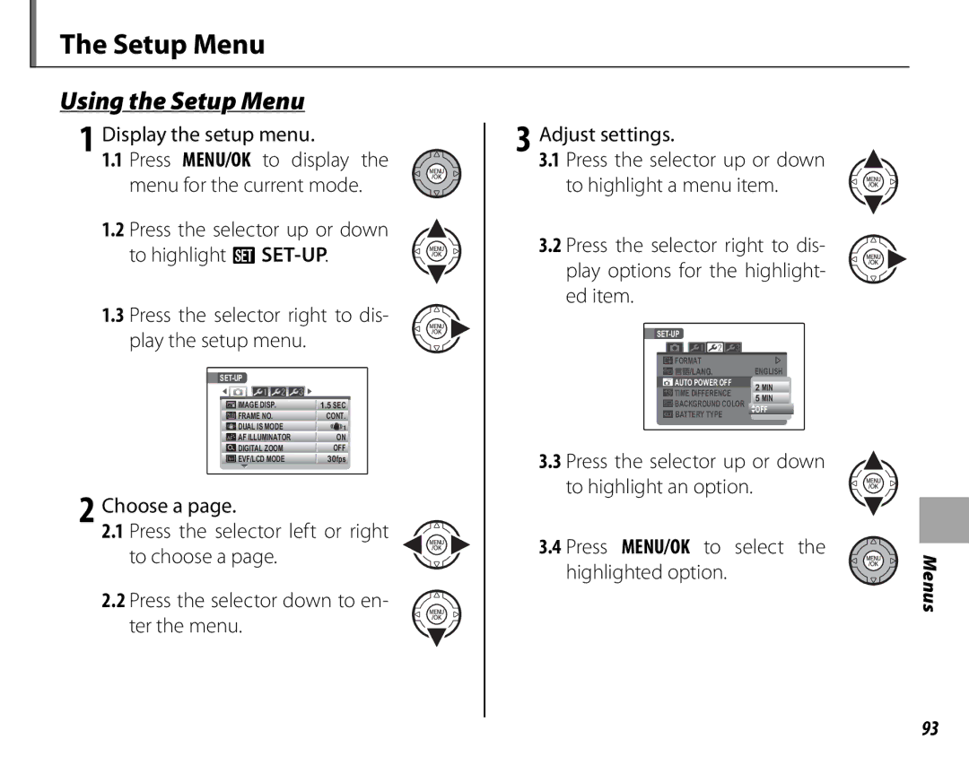 FujiFilm S2500HD, S1800, S1900, S1600, S1700, S2700HD owner manual Using the Setup Menu, Display the setup menu 