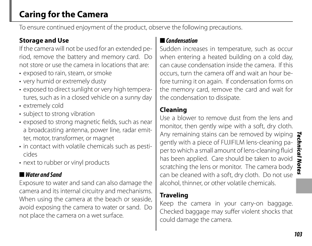 FujiFilm S1700, S1800, S1900, S1600, S2700HD, S2500HD owner manual Caring for the Camera, Water and Sand, Condensation, 103 