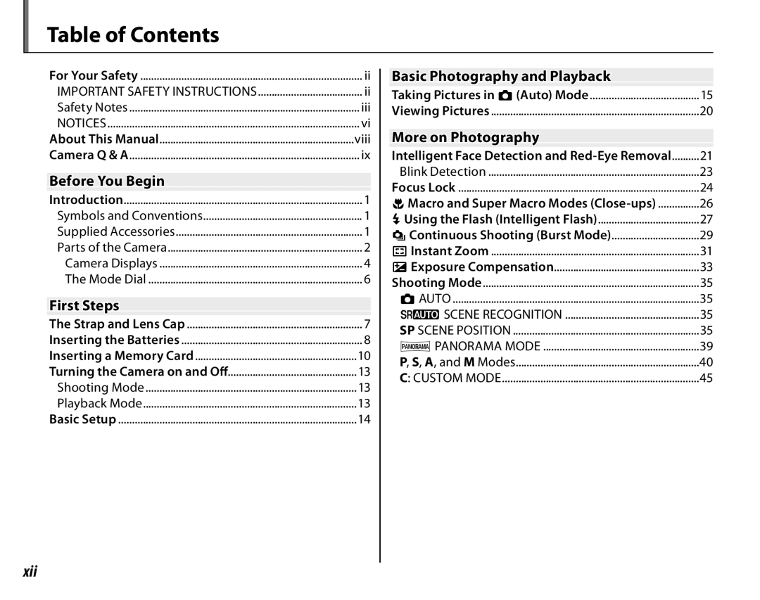 FujiFilm S1800, S1900, S1600, S1700, S2700HD, S2500HD owner manual Table of Contents 