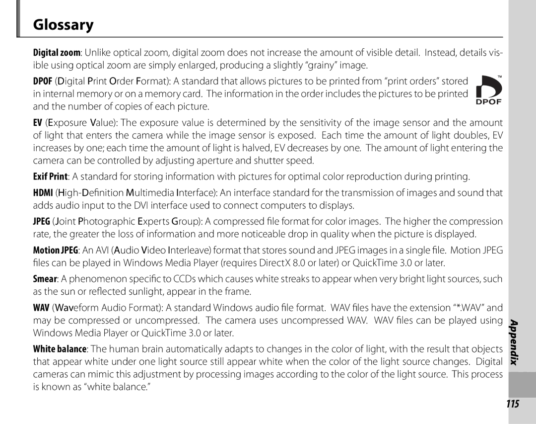 FujiFilm S1700, S1800, S1900, S1600, S2700HD, S2500HD owner manual Glossary, 115 