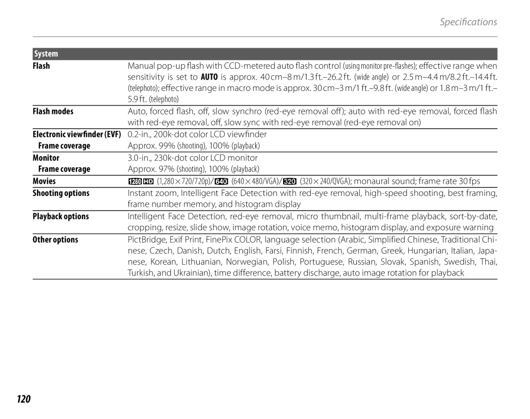 FujiFilm S1600, S1800, S1900, S1700, S2700HD, S2500HD owner manual 120 