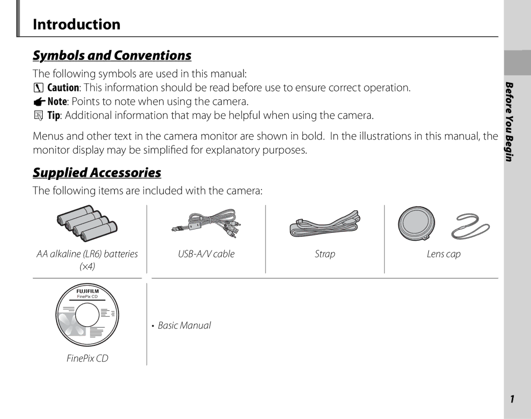 FujiFilm S1700 Introduction, Symbols and Conventions, Supplied Accessories, Following items are included with the camera 