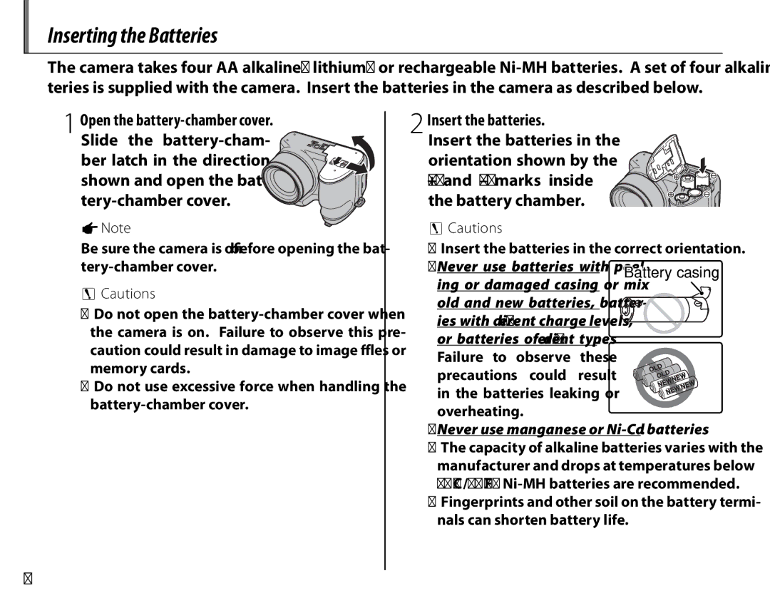 FujiFilm S2700HD, S1800, S1900, S1600, S1700, S2500HD owner manual Inserting the Batteries, 1Note 