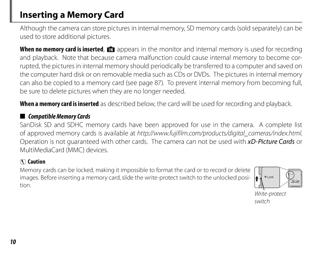 FujiFilm S1800, S1900, S1600, S1700, S2700HD, S2500HD owner manual Inserting a Memory Card, Compatible Memory Cards 