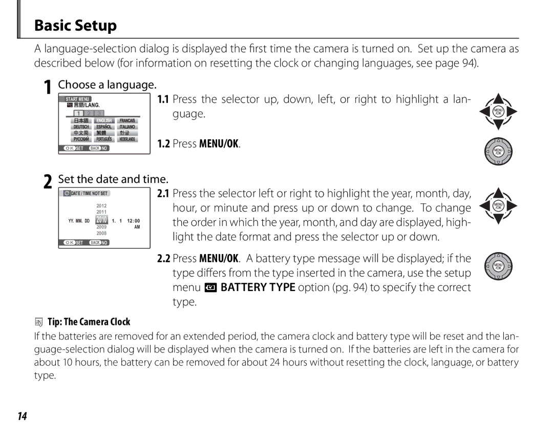 FujiFilm S2700HD, S1800, S1900 Basic Setup, Press MENU/OK, Set the date and time, Tip The Camera Clock, Choose a language 