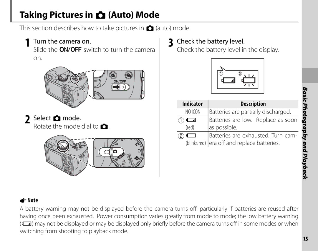 FujiFilm S2500HD, S1800, S1900 Taking Pictures in BAuto Mode, Indicator Description, Batteries are partially discharged 