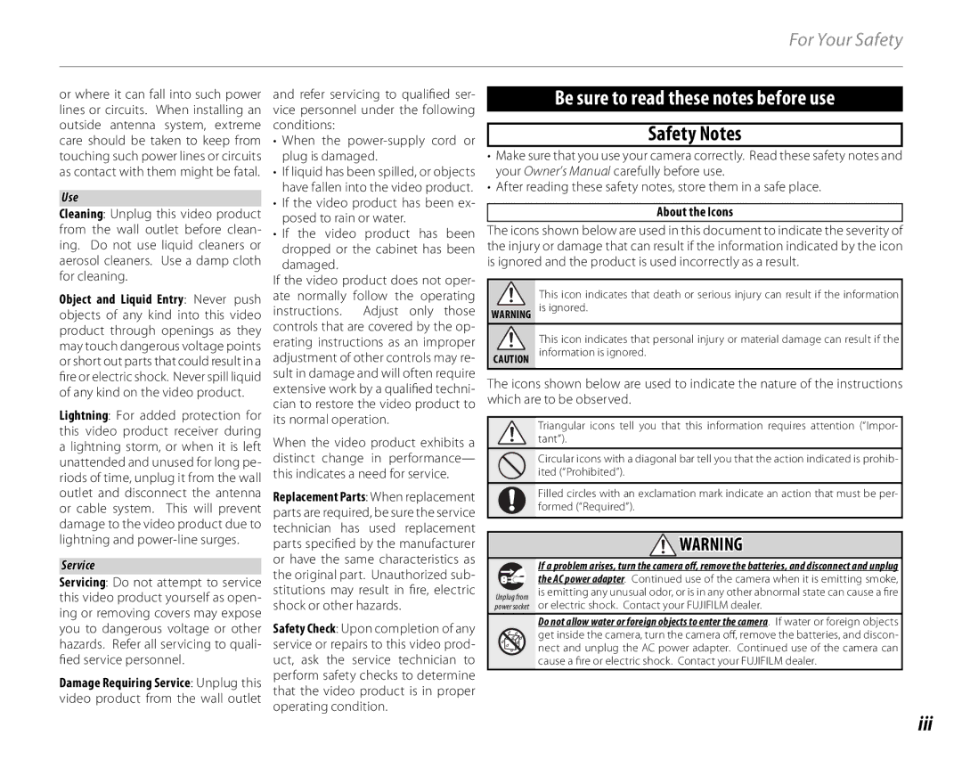 FujiFilm S1700, S1800, S1900, S1600, S2700HD, S2500HD owner manual Safety Notes, Iii 