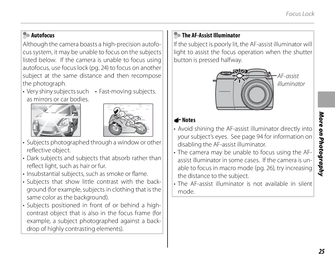 FujiFilm S1700, S1800, S1900, S1600, S2700HD, S2500HD owner manual Autofocus, AF-Assist Illuminator, 1Notes 