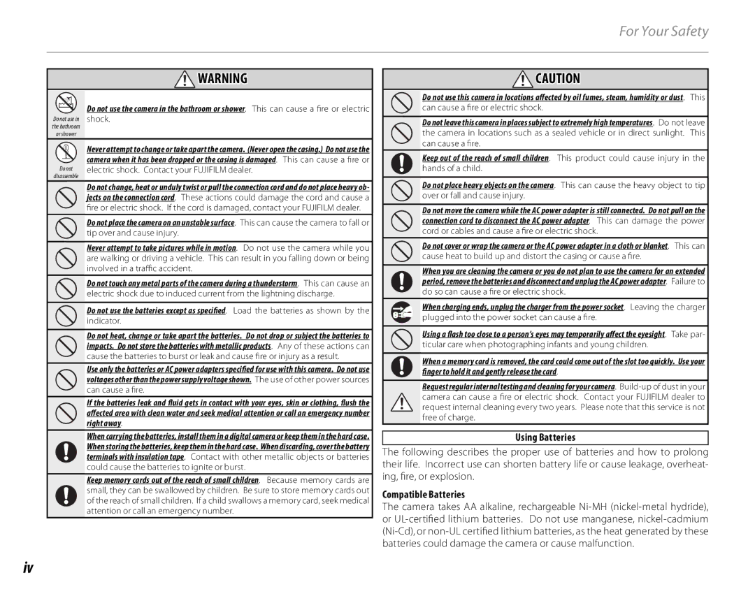 FujiFilm S2700HD, S1800, S1900, S1600, S1700, S2500HD owner manual Using Batteries 