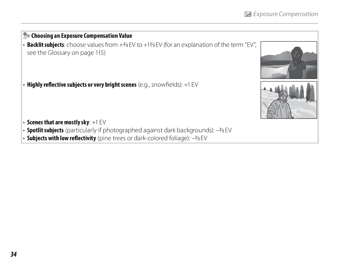 FujiFilm S1800, S1900, S1600, S1700, S2700HD, S2500HD owner manual Choosing an Exposure Compensation Value 