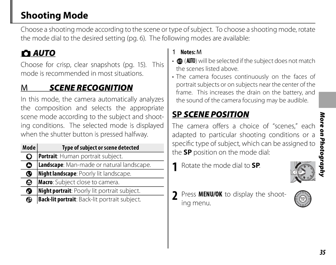 FujiFilm S1900, S1800, S1600, S1700, S2700HD, S2500HD Shooting Mode, 1Notes M, Landscape Man-made or natural landscape 