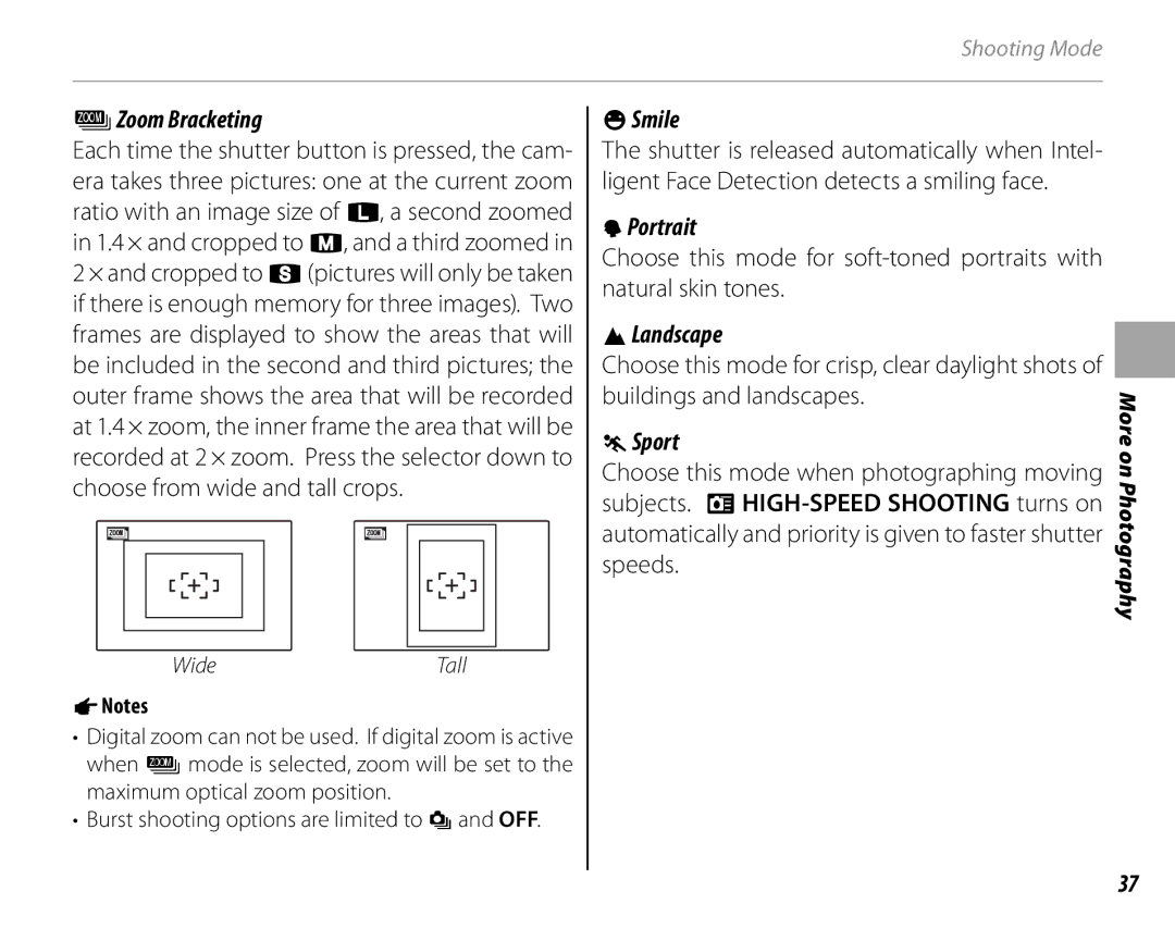 FujiFilm S1700, S1800, S1900, S1600, S2700HD, S2500HD owner manual BZoom Bracketing, Smile, Portrait, Landscape, Sport 